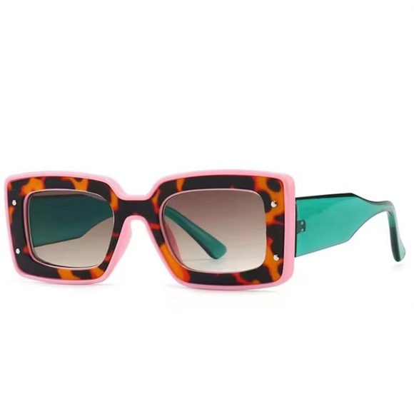 Leopard Tortoise Shell Pink Aqua Teal Color block Mixed Animal Print Sunglasses - Picture 3 of 4